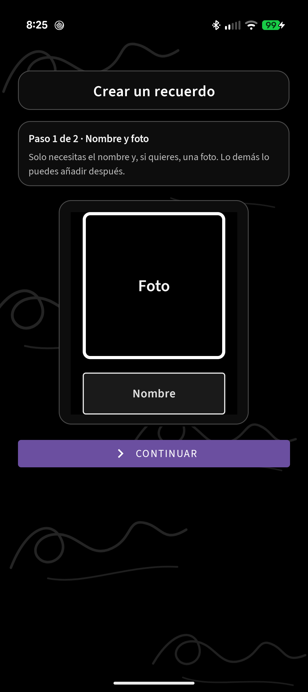 Paso 1 de 2, con el recuadro Foto y el campo Nombre.