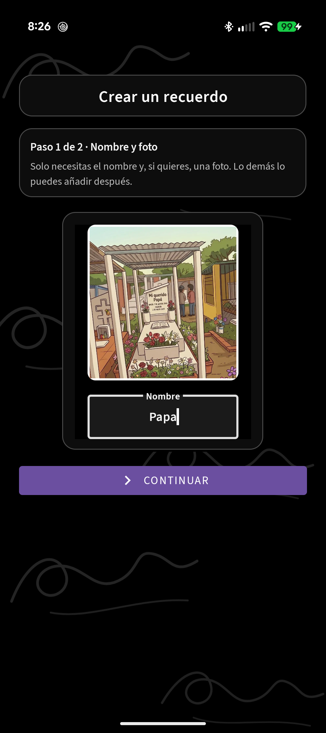 Foto ya puesta y el nombre Papa escrito, con el botón Continuar.