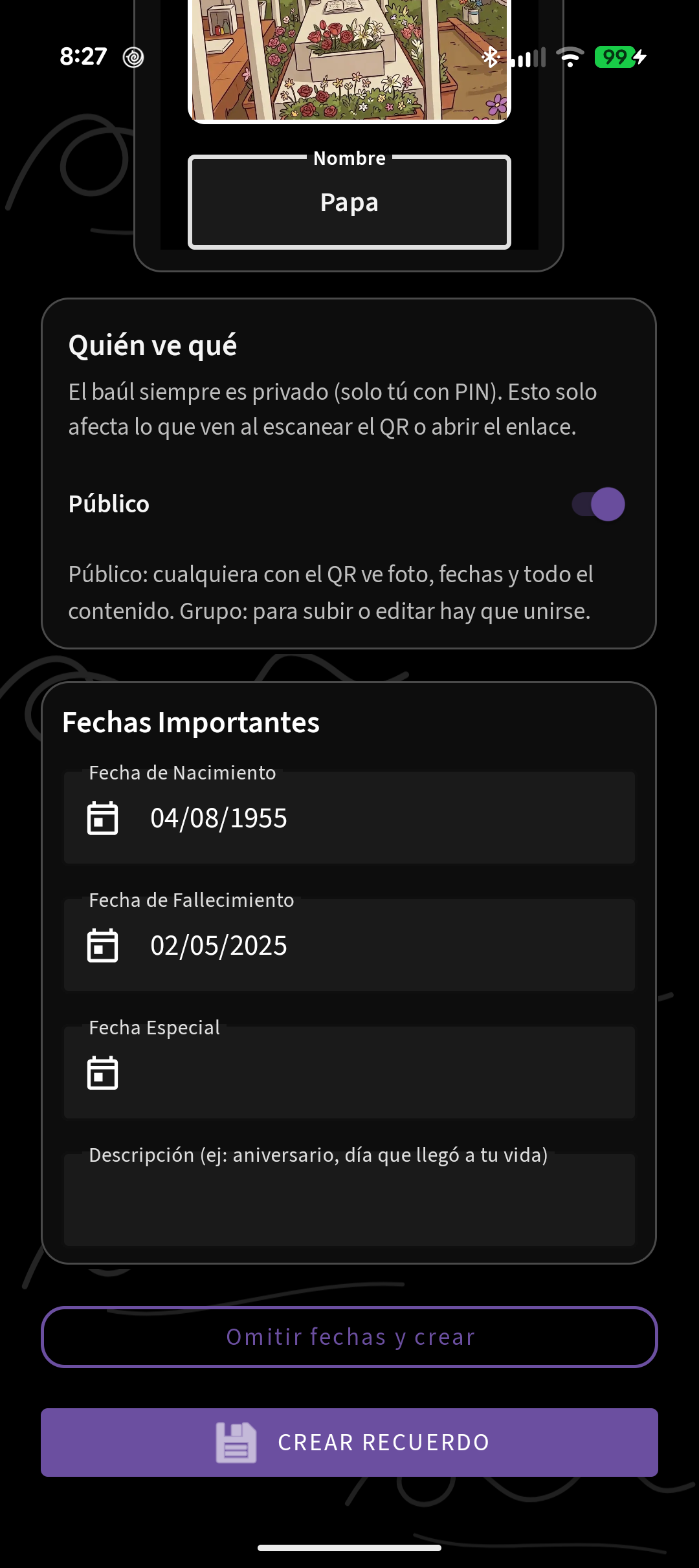 Interruptor Público, fechas de nacimiento y fallecimiento, y los botones Omitir fechas y crear y Crear recuerdo.