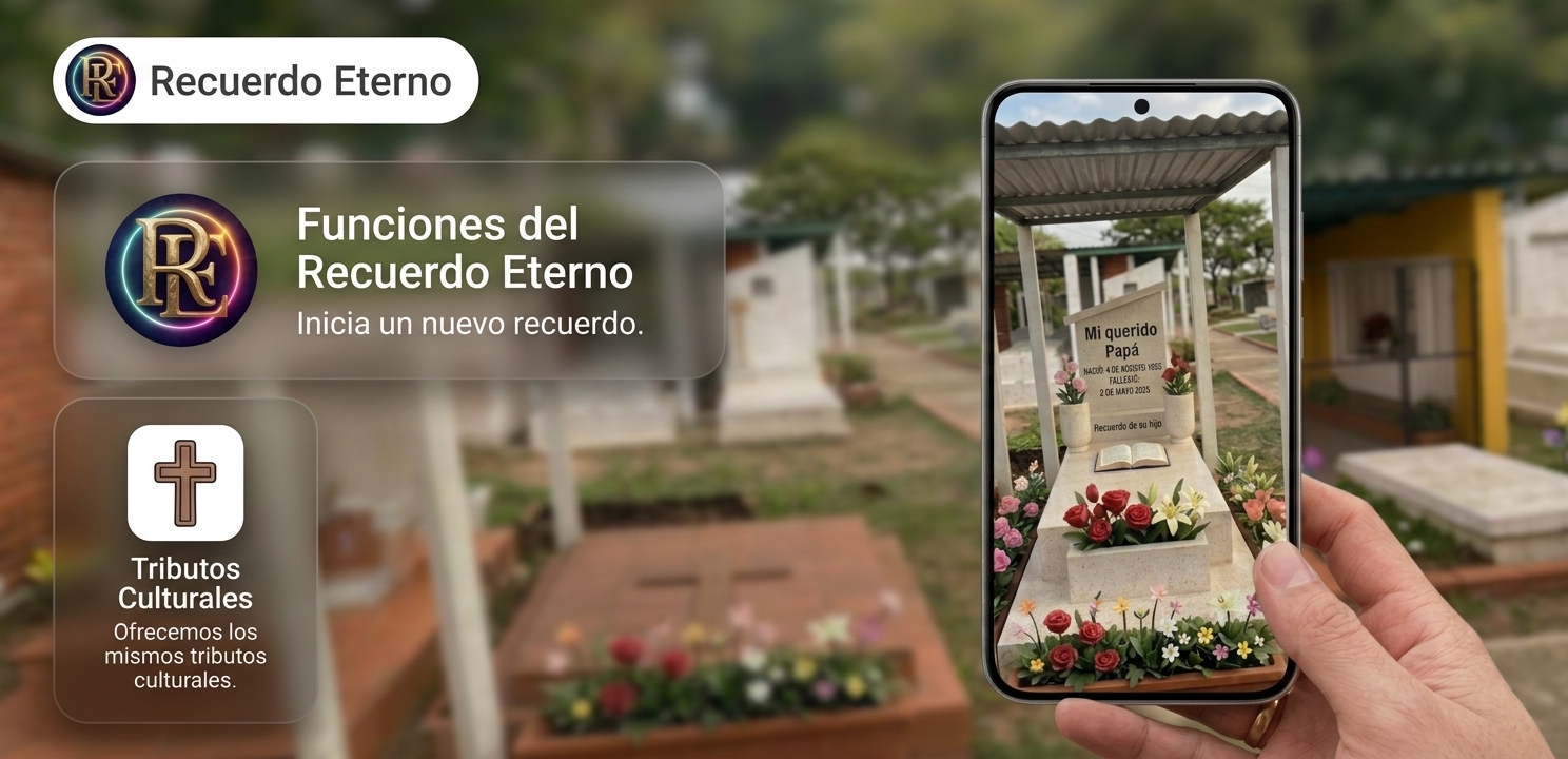 Teléfono con el memorial de un ser querido, frente a un panteón.